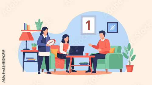 People interacting in a home setting, one with a ball, another on laptop