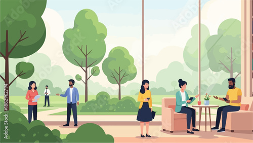 People interacting in a modern, airy space with lush greenery visible through windows