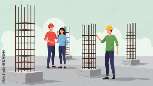 People observe construction of concrete support columns with rebar