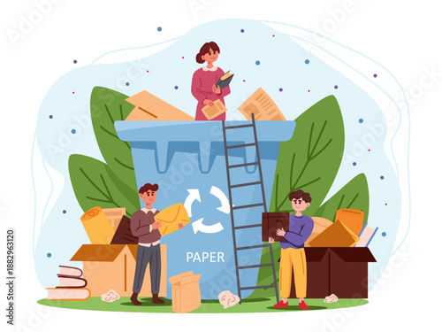 Group of people sorting and recycling paper waste into a blue recycling bin, flat cartoon style, with leaves and dots on background. Concept of eco responsibility. Vector illustration