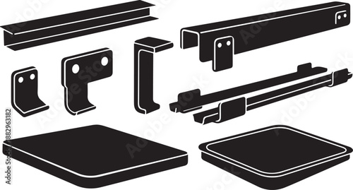 Black and white illustration of furniture assembly parts diagram