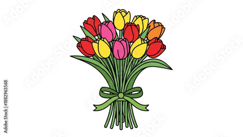 Colorful Tulip Bouquet Illustration Isolated on White Background