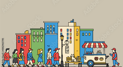 Diverse group of stylized city pedestrians walking past a colorful street vendor cart near tall buildings.