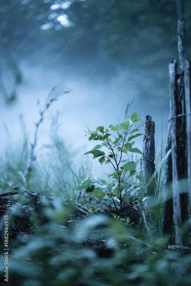 Fototapeta premium A small green plant growing beside a weathered wooden fence in a misty field. Concept Misty field atmosphere, Tiny green plant close-up, Weathered wooden fence texture, Quiet rural morning scene