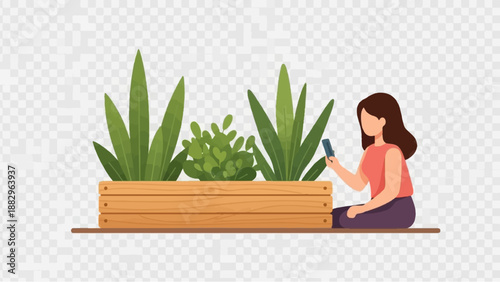 Person tending to plants in a wooden planter with phone in hand