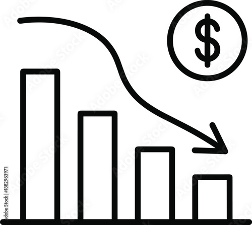 Downward trending bar graph with dollar coin and arrow chart