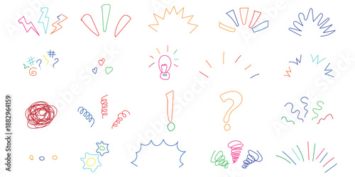 Colorful handdrawn doodle elements expressing emotions ideas and comic style actions on a white background