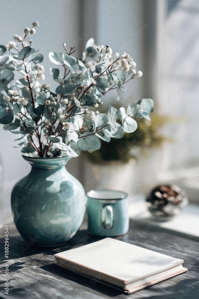 Naklejka premium Eucalyptus stems in a teal vase on a wooden table with a mug and notepads. Concept Eucalyptus centerpiece with teal vase, Wooden table desk setup, Mug and notepads for a cozy workspace