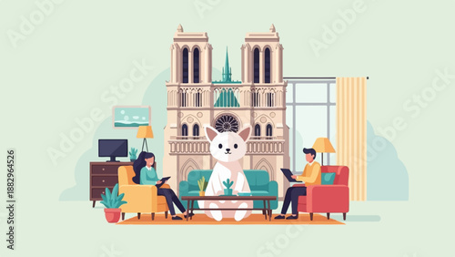 People relaxing in a living room with a giant cat and Parisian landmark