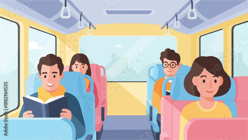 People traveling on a bus, with one reading a book and others looking ahead