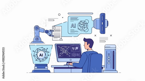 Person using computer with AI robot arm and futuristic displays