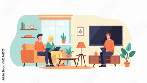 People using laptops in a cozy living room with a TV and plants