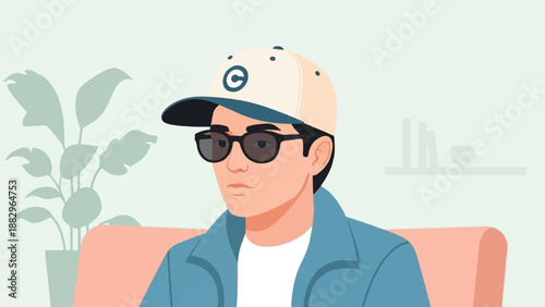 Person wearing baseball cap and sunglasses, seated indoors on sofa