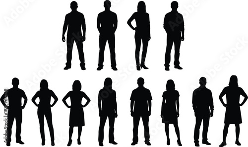 Collection of black human silhouettes standing against a white background people