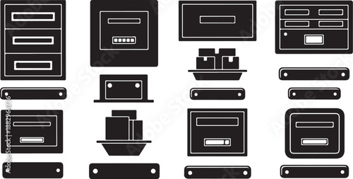 Collection of various safe and drawer icons in black