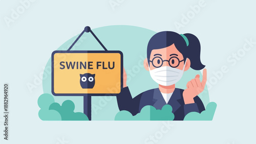 Person wearing mask points to sign warning of swine flu