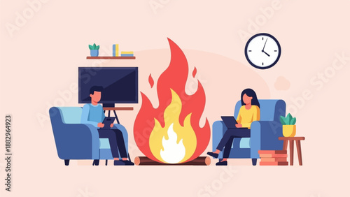 People relaxing by a fire, using laptops, with a clock on the wall