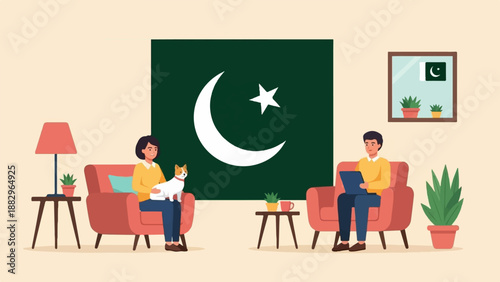 People relaxing at home with Pakistani flag displayed