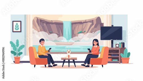 People relaxing at home with a waterfall view and a pet