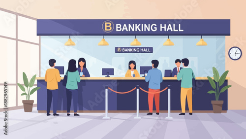 People waiting in a bank hall to be served at the counter