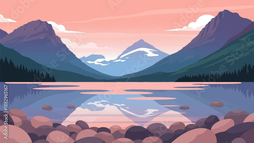 Pixelated landscape features serene lake, mountains, forest, and rocky shore at dusk