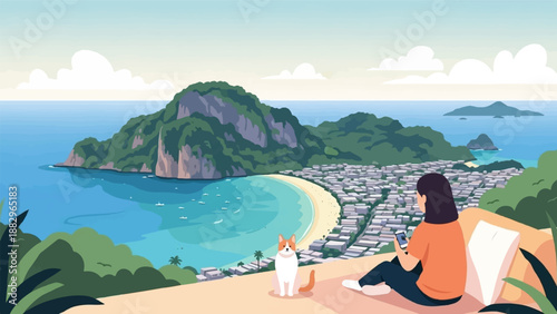 Person with cat overlooks scenic bay and island town from a hill