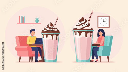 People relax with laptops and large drinks in cozy, pastel-toned rooms