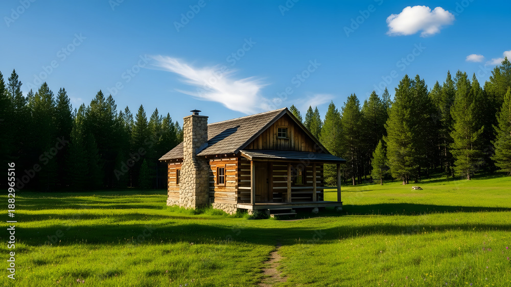 Fototapeta premium rustic log cabin in a green meadow surrounded by trees transparent background