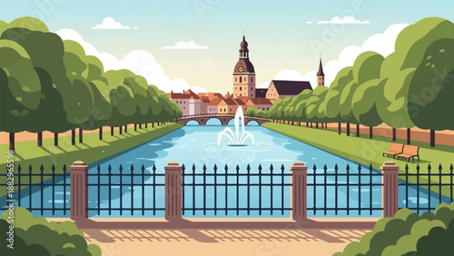 Pixelated park scene with canal, fountain, bridge, and cityscape