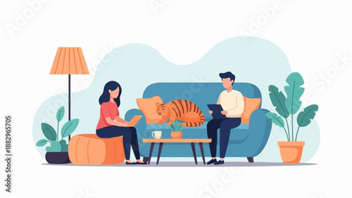 Relaxed people and cat in a cozy living room with plants