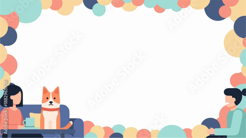 Relaxed people and dog enjoy time together with a decorative frame