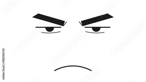 Minimalist facial expression shows an angry and grumpy mood with furrowed black eyebrows and a downward curved mouth line on white.
