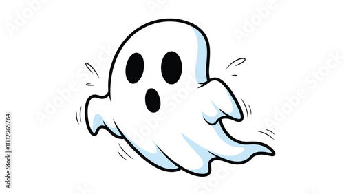 Cute cartoon ghost floats in space with a surprised expression and large black eyes perfect for spooky Halloween holiday celebrations.