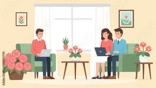 People with laptops in a cozy room with flowers and art