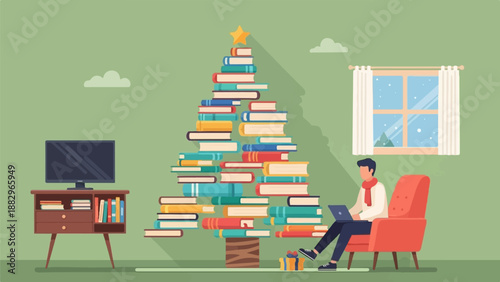 Person working on laptop by a book Christmas tree during a snowy day
