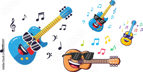 Four animated musical guitars wearing cool sunglasses happily floating surrounded by colorful floating music notes