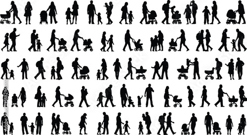 Collection of black silhouettes of families and children with strollers on a white background