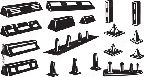 Black and white roadblock and cone illustration set