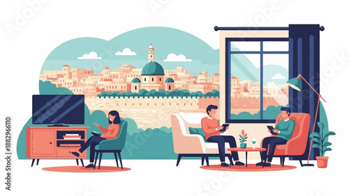 People relax indoors with digital devices, viewing ancient city outside window