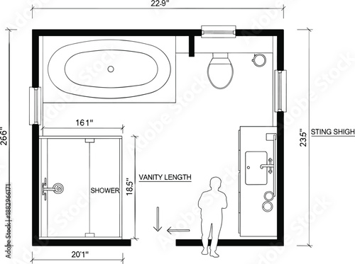 Detailed Bathroom Floor Plan with Dimensions – Toilet, Sink, Bathtub, Shower, Bidet, and Vanity Layout for Architectural Design and Interior Planning