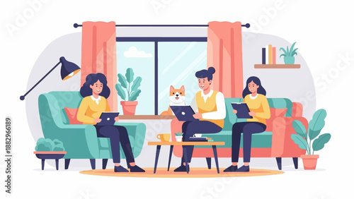 People work on laptops and tablets at home with a dog