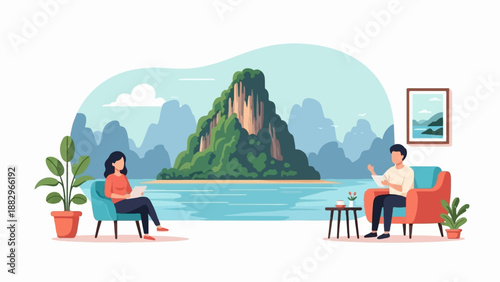 Relaxing indoors with a stunning island view in the background