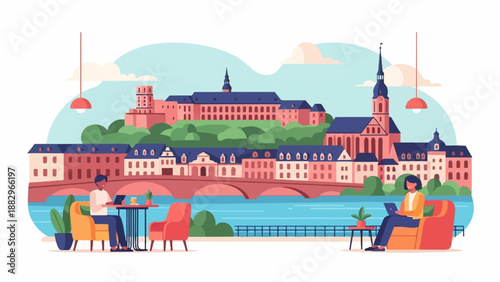 People work on laptops at a riverside cafe with city and castle views