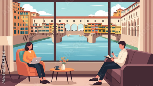People relax indoors with a picturesque city bridge view