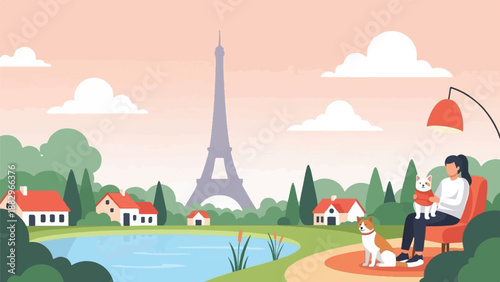 Relaxing woman with dogs by lake and Eiffel Tower in background