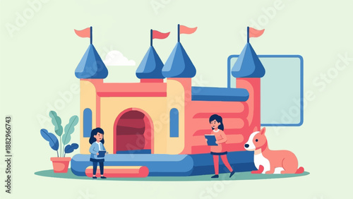 Playful bouncy castle with kids and dog on light green background