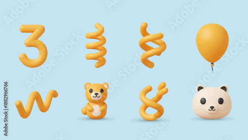 Playful clay art number 3, spirals, balloon, and cute animal figures