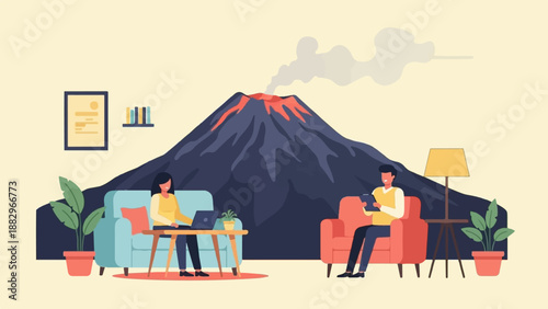 People work remotely near an erupting volcano