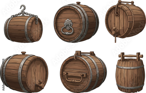 Six wooden barrels with metal bands and various handles and spigots barrel with hook