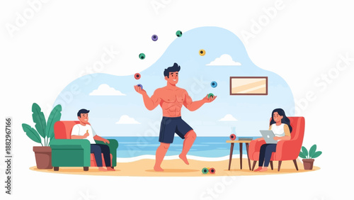 People relax by the sea as a man juggles colorful balls